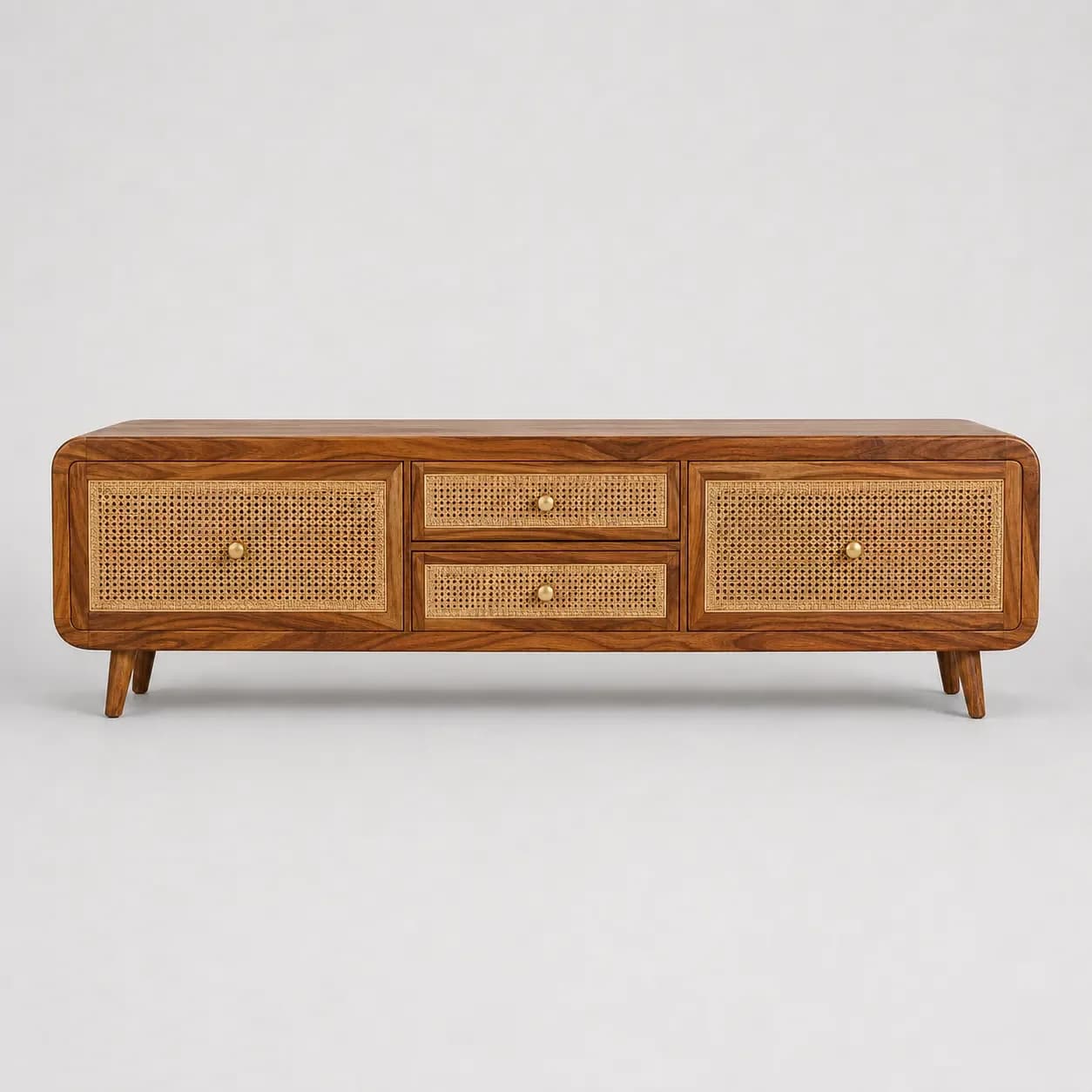 65-inch Solid Sheesham Wood TV Cabinet with Woven Rattan Drawers | Modern Entertainment Unit with Rounded Corners & Honey Finish