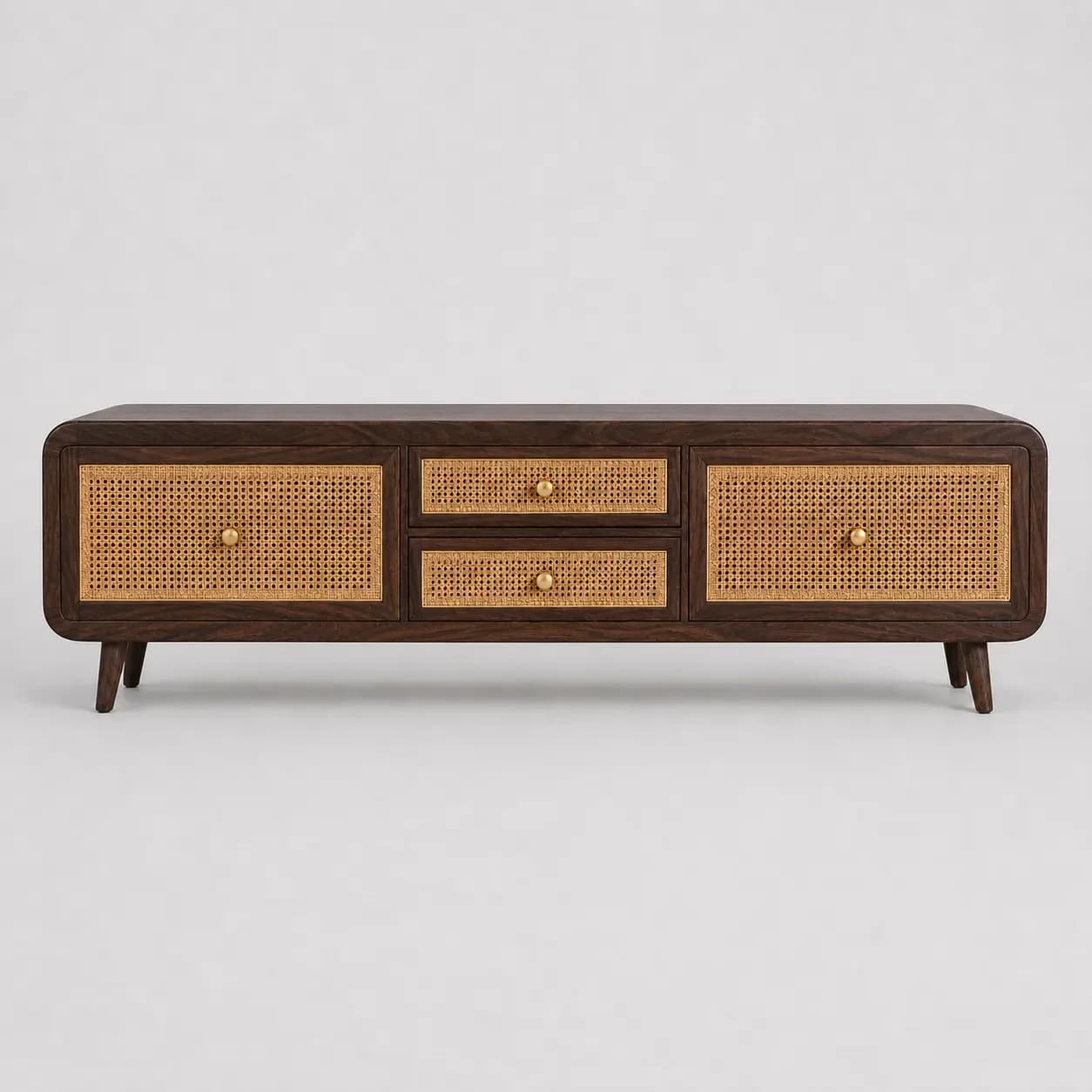 65-inch Solid Sheesham Wood TV Cabinet with Woven Rattan Drawers | Modern Entertainment Unit with Rounded Corners & Walnut Finish