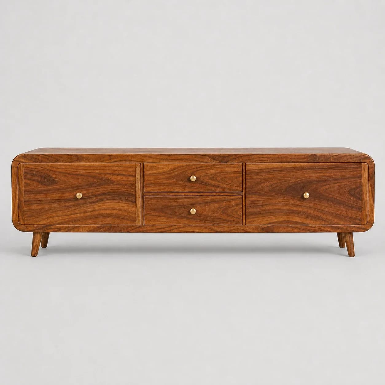 65-inch Solid Sheesham Wood TV Cabinet with 4 Storage Drawers | Modern Entertainment Unit Console with Smooth Rounded Corners & Warm Honey Finish