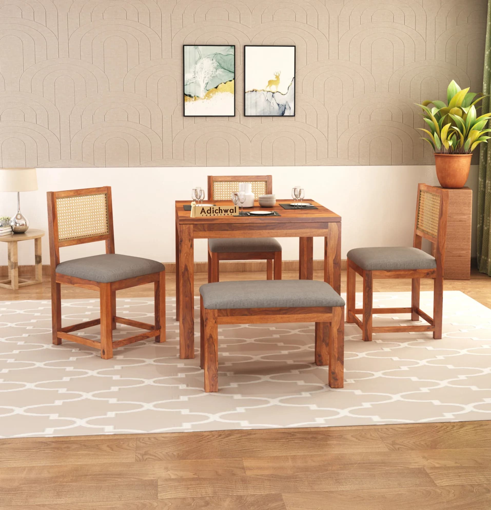 Solid Sheesham Wood Dining Table Set with 3 Cane Back Chairs & Bench | Spacious Dining Set in Honey Finish