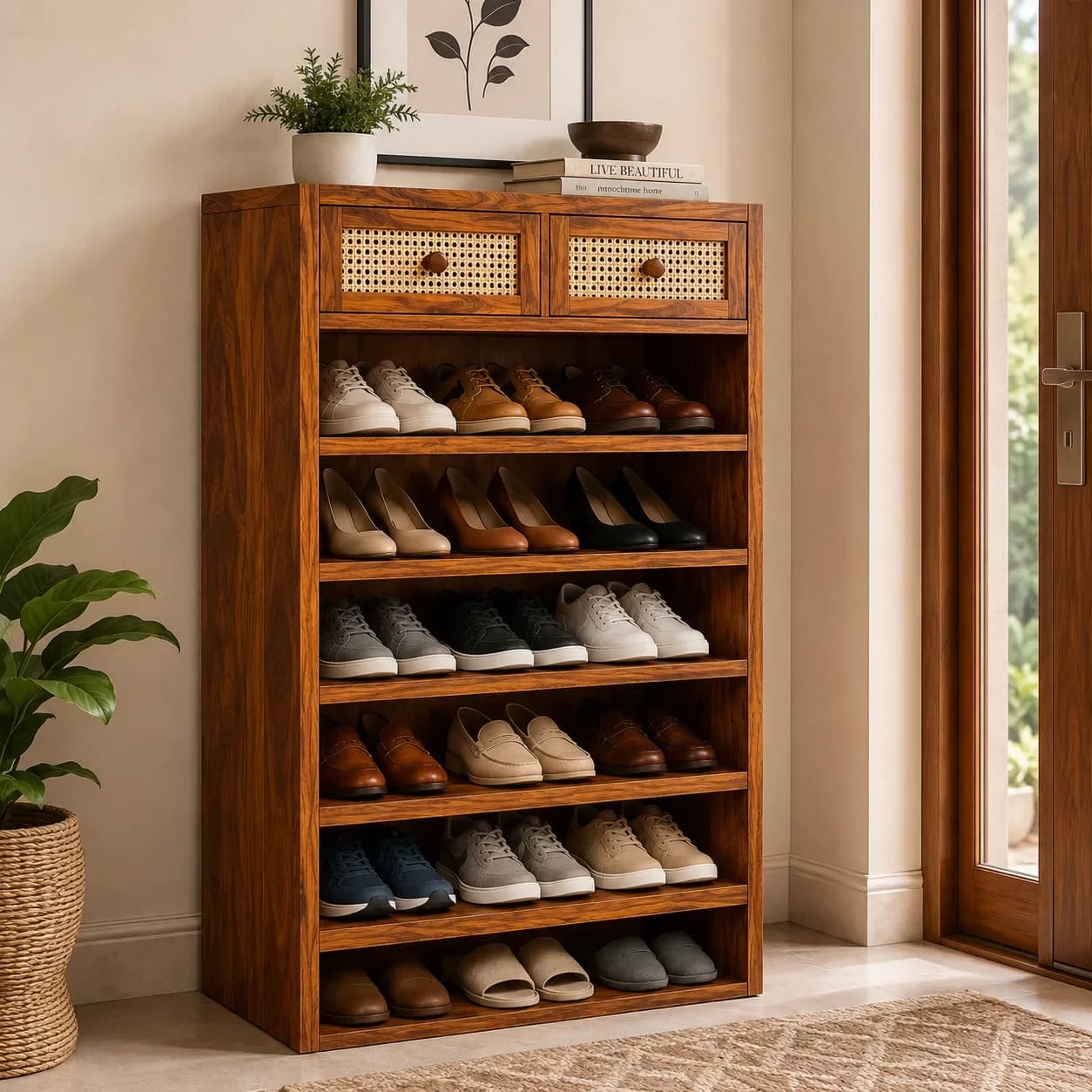 Solid Sheesham Wood Shoe Rack with 2 Rattan Cane Drawers & 6 Shelves (Honey Finish)