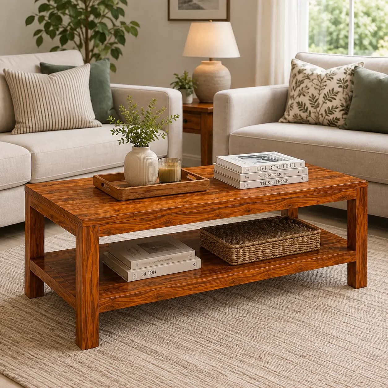Solid Sheesham Wood Coffee Table with Bottom Storage Shelf (Honey Finish)