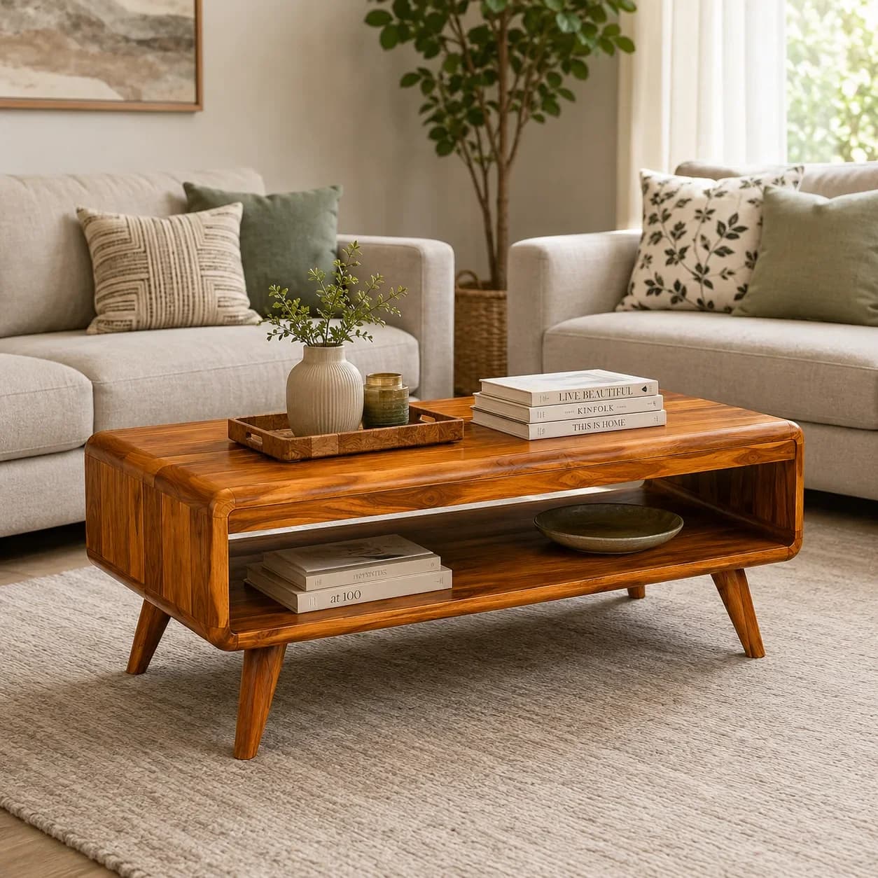 Solid Sheesham Wood Mid-Century Coffee Table with Rounded Edges & Open Storage (Honey Finish)