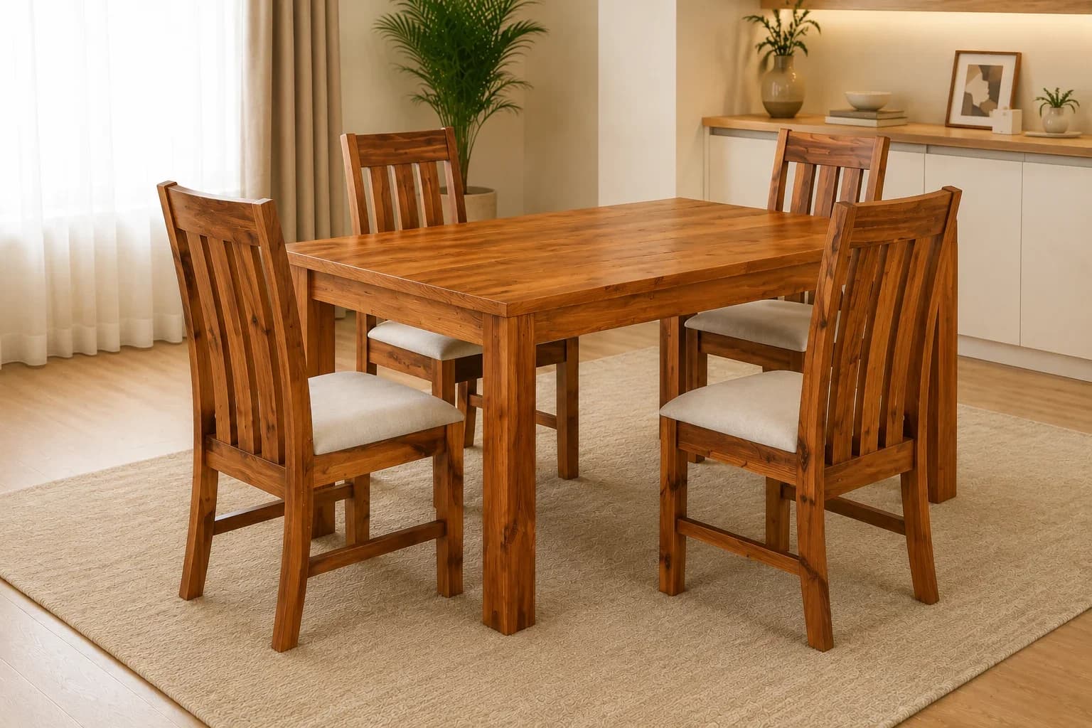 Solid Sheesham Wood 4 Seater Dining Table Set with 4 Chairs – Honey Finish