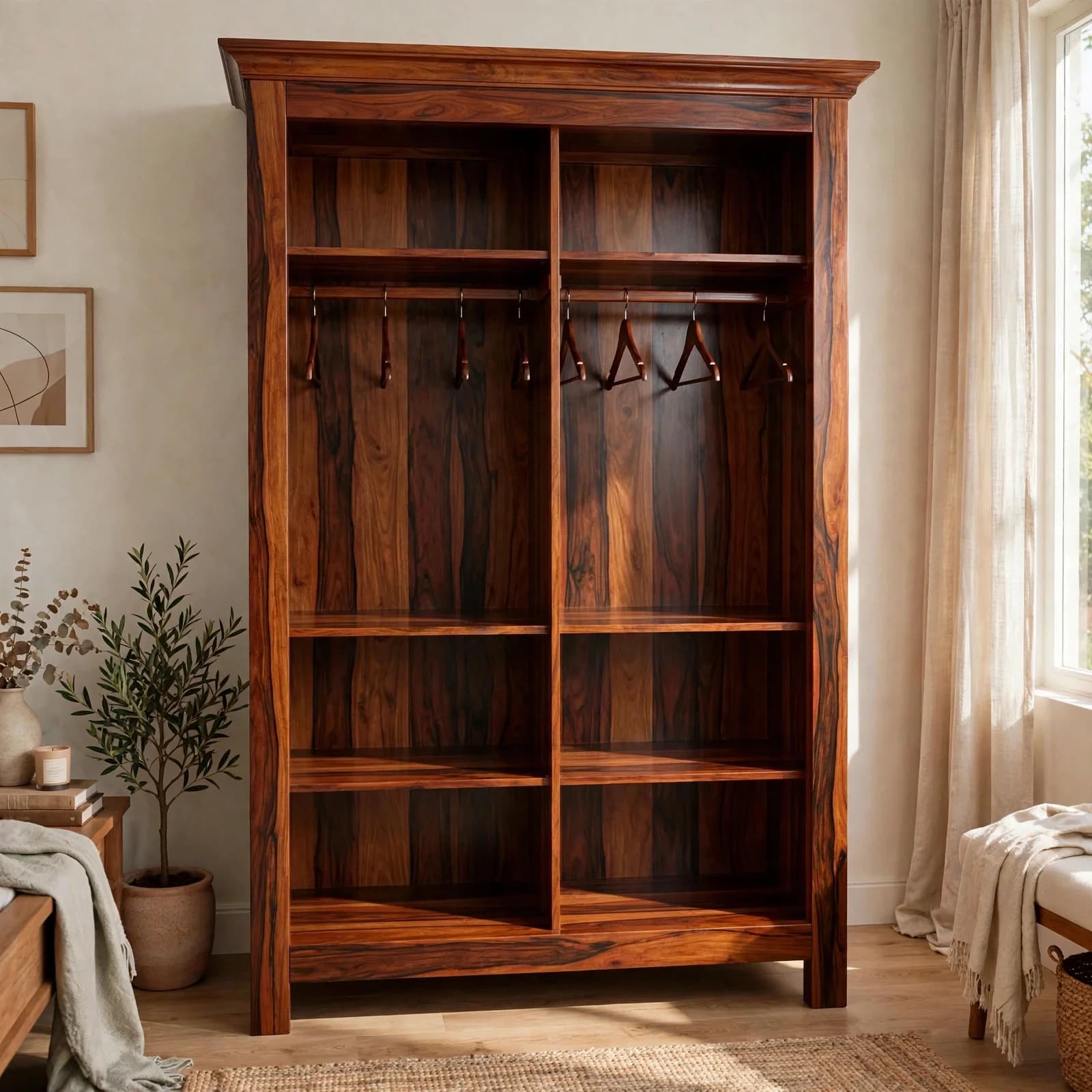 Sheesham Wood Open Wardrobe - Honey Finish