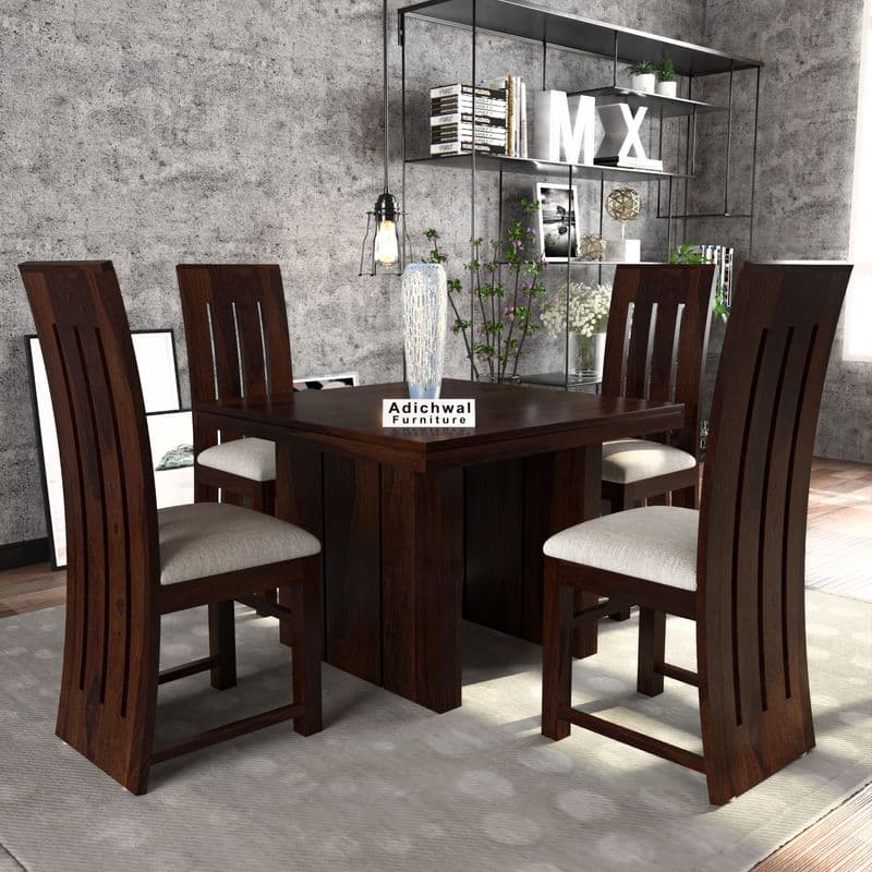 Solid Sheesham Wood 4 Seater Dining Table Set with Cushioned Chairs for Dining Room | Living Room | Home & Office | Hotels Restaurant & Cafe (4 Seater, Walnut H)